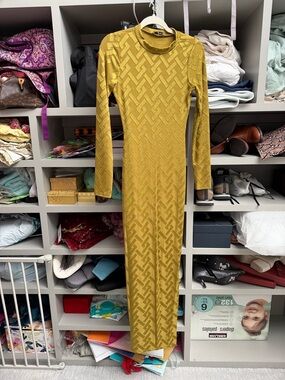 Long Sleeve Mustard Yellow Patterned Maxi Dress